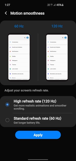 One UI 2.1 for the Galaxy Note 10 and Galaxy S10 seems to have added the 120 Hz option by mistake. (Image Source: u/babadhiven on Reddit)