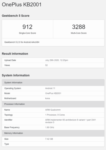 The OnePlus KB2001 on Geekbench. (Image source: Geekbench)