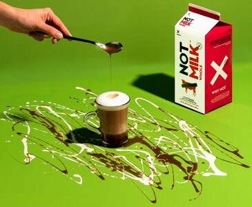 If NotCo's AI is Guiseppe, is its marketing manager Jackson Pollock? Also, that milk is unusually frothy for being plant-based. (Image Source: NotCo)