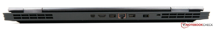 Back: Exhaust vent, Mini DisplayPort 1.4a, HDMI 2.0, USB 3.1 Gen 2, RJ45, USB 3.1 Gen 1, power connector, security keyhole, exhaust vent