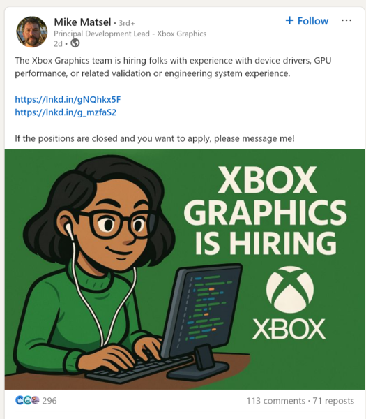 Mike Matsel LinkedIn job ad for Xbox Graphics position (Image source: Mike Matsel LinkedIn account)