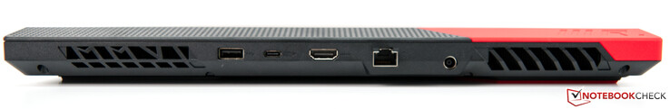 Back: Air vents, 1x USB-A 3.0, USB-C 3.1 with DisplayPort and Power Delivery, HDMI 2.0b, Gigabit LAN, power supply, air vents