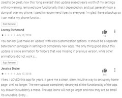 Apex Launcher 4.0 update negative feedback (Source: Google Play)