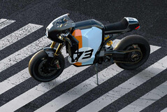 The Super73 C1X Le Pew café racer features a retro-racer colour scheme and low, aggressive riding position. (Image source: Super73)
