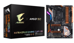 The box for the Gigabyte X470 Aorus Gaming 7 WiFi-50 motherboard has some golden features. (Source: Gigabyte Japan)
