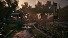 A detailed outdoor environment from Mukti, showcasing atmospheric lighting and environmental design in the museum setting (Image source: Mukti official website)