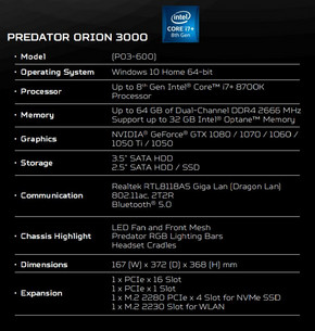 Acer Predator Orion 3000 spec sheet. (Source: Acer)