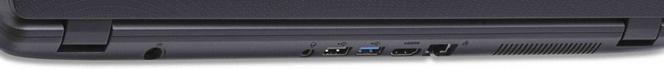 Back side: Power socket, combined audio jack, one USB 2.0 port, one USB 3.0 port, HDMI-out, Ethernet port
