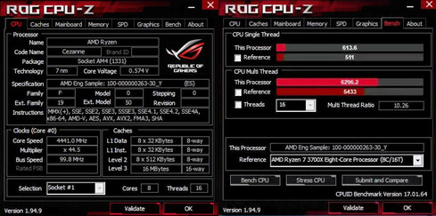 AMD Ryzen 7 5700G engineering sample CPU-Z benchmark. (Image Source: QQ via Videocardz)