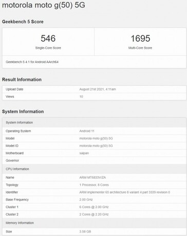 The "Moto G50" newly found on Geekbench also features a certain code-name. (Source: Geekbench)