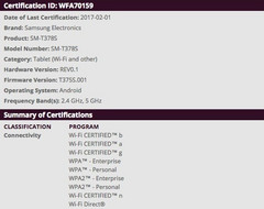 Samsung SM-T378 details on WiFi Alliance, possibly a Tab S3 variant