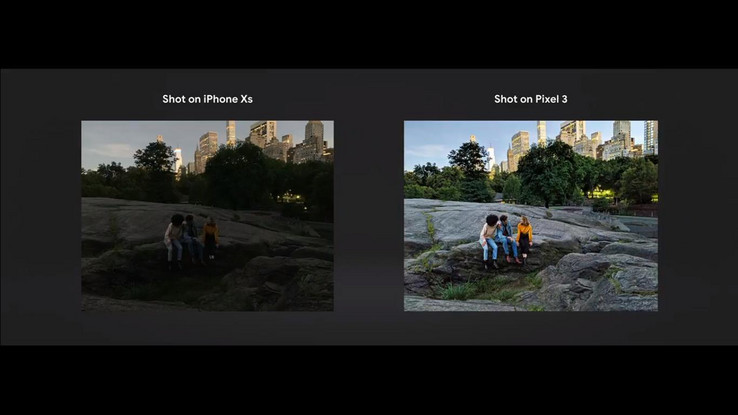 A comparison between Night Sight and the iPhone XS' low-light performance. (Source: Google)