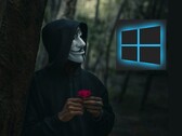 A person wearing a Guy Fawkes mask looking at a Windows logo (Image source: Peakpx and Ahmed Zayan via Unsplash; edited)