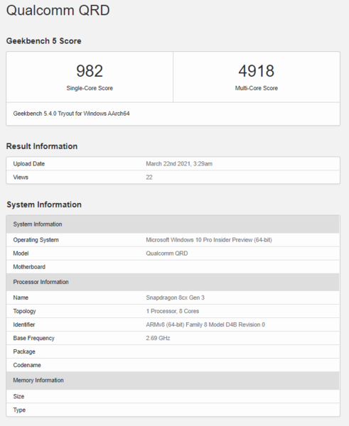 The Snapdragon 8cx Gen 3 appears to have been benchmarked in a Qualcomm Reference Design device. (Image source: Geekbench)