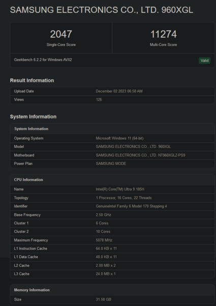 Intel Core Ultra 9 185H Geekbench score (image via Geekbench)