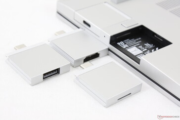 Users can swap out up to four different ports with the included expansion cards or adapters