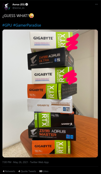 AORUS Spain did not manage to cover up all the RTX 3080 Ti branding in its tweet. (Image source: AORUS Spain)