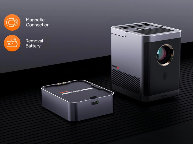 The MUDIX Portable Outdoor Projector has a detachable battery pack that attaches via magnets. (Image source: MUDIX)
