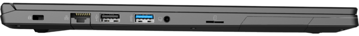 Left: Noble Lock, GigabitLAN, 1x USB 2.0, 1x USB 3.2 Gen1, 3.5-mm audio jack, microSD card reader
