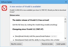 Vivaldi 3.3 browser update notification window, Break Mode and various improvements added (Source: Own)