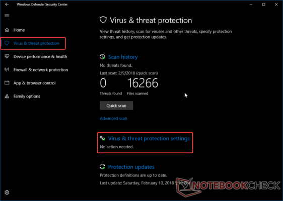 Virus & threat protection menu.