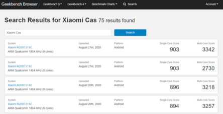 Searching Xiaomi Cas in the Geekbench 5 database only returns results for the Xiaomi M2007J1SC. (Image source: Geekbench)
