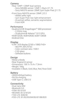 Xiaomi Mi A2 Spec Sheet. (Source: Xiaomi)