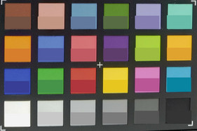 Photograph of ColorChecker colors. The lower half of each area shows the reference color.