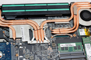 GPU (left, under 3 heat pipes) and CPU (right, under 2 heat pipes)