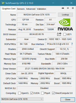 GPU-Z Nvidia GeForce GTX 1070