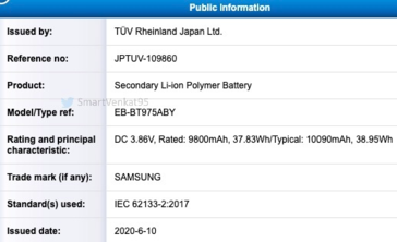 The new "Galaxy Tab S7+ battery" official certifications. (Source: Twitter)