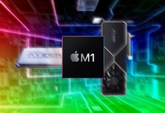 Apple M1-series chips could challenge AMD&#039;s Threadrippers and Nvidia&#039;s Ampere cards in some tests. (Image source: AMD/Apple/Nvidia/Pinterest - edited)
