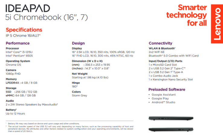 Lenovo IdeaPad 5i Chromebook specifications (image via Lenovo)