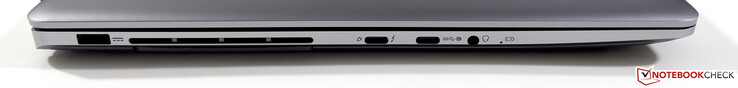 Left: power, USB-C 4.0 with Thunderbolt 4 (40 GB/s, PowerDelivery, DisplayPort ALT mode), USB-C 3.2 Gen.2 (10 GB/s, DisplayPort ALT mode), 3.5-mm stereo