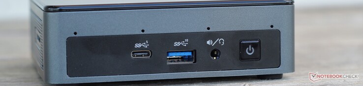 Front: Quad microphone array, USB-C 3.2 Gen 1 (5 Gbps), USB-A 3.2 Gen 2 (10 Gbps), combo audio, power