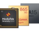 The ARM Mali-G710 MP10 in the Dimensity 9000 beat the GPUs in the SD865 and Apple A15. (Image source: MediaTek/Qualcomm/Apple - edited)
