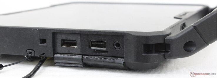 Right: Passive stylus pen, Noble lock, 2x USB-A 3.2 Gen. 1, MicroSD reader, 3.5 mm headset