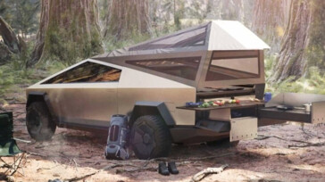 Tesla's original aadvertising for the Basecamp tent showed a rather luxurious-looking tent that matches the Cybertruck's looks almost perfectly. (Image source: Cybertruck Owners' Club)