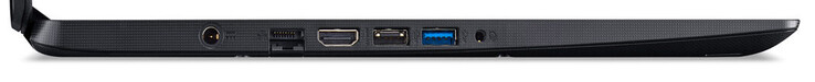 Left side: Power supply, Gigabit Ethernet, HDMI, USB 2.0 (Type-A), USB 3.2 Gen 1 (Type-A), combo audio