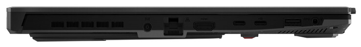 Left side: Power supply, Gigabit Ethernet, HDMI, Thunderbolt 4 (USB-C; DisplayPort), USB 3.2 Gen 2 (USB-C; Power Delivery, DisplayPort, G-Sync), USB 3.2 Gen 1 (USB-A), audio