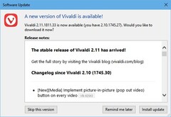 Vivaldi 2.11 update notification (Source: Own)