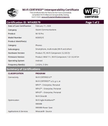 The new Mi 10 and 10 Pro certifications. (Source: Wi-Fi Alliance via MySmartPrice)