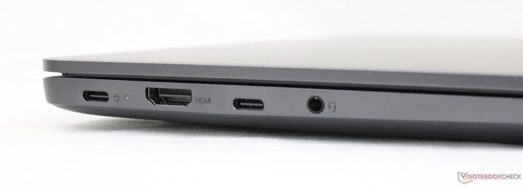 Left: USB-C 2.0 (Power Delivery), HDMI 1.4b, USB-C 2.0, 3.5 mm combo audio