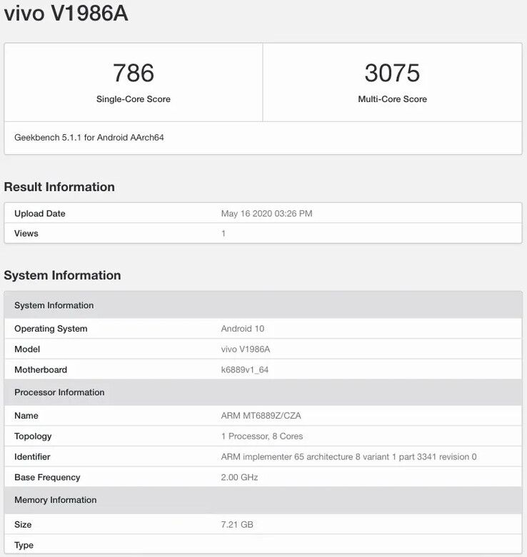 One of the "iQOO Z1's" many new Geekbench 5 results pages. (Source: Geekbench 5 via MySmartPrice)