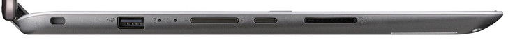 Left side: lock slot, USB 2.0 (Type-A), volume rocker, power button, memory card reader