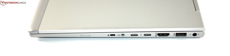 right: SIM slot, Kensington lock, combo audio, 2x Thunderbolt 3, HDMI, USB 3.0 type A, charging port