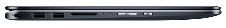 Left side: Kensington lock, two USB 2.0 (Type-A) ports, SD card-reader, volume rocker, power button