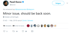 Telegram CEO Pavel Durov releases a statement in a short tweet.