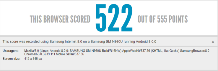 The Galaxy Note 9 scores a high score in the HTML5 test. (Source: HTML5test.com)
