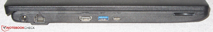 Left: power port, Gigabit-Ethernet, HDMI, USB 3.2 Gen 1 (Type A), USB 3.2 Gen 2 (Type C; Power Delivery, DisplayPort), storage card reader (SD)